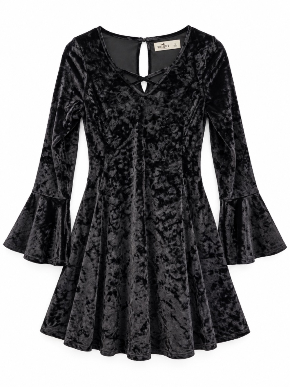 Hollister crushed velvet Little Black Dress LBD S trumpet sleeves holiday event